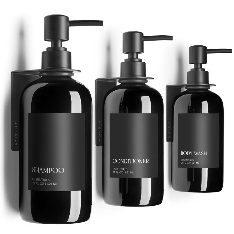 مجموعة موزع الشامبو والبلسم الأنيقة من 3 قطع للتثبيت على الحائط بدون حفر 21 أونصة زجاجات صابون الاستحمام مع ملصقات إعادة تعبئة سهلة لموزعات غسول الجسم لترقية فورية لديكور الحمام