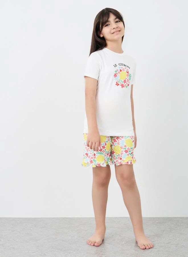 ستايلي Styli Graphic Print Short Sleeve T-Shirt and Shorts Pyjama Set