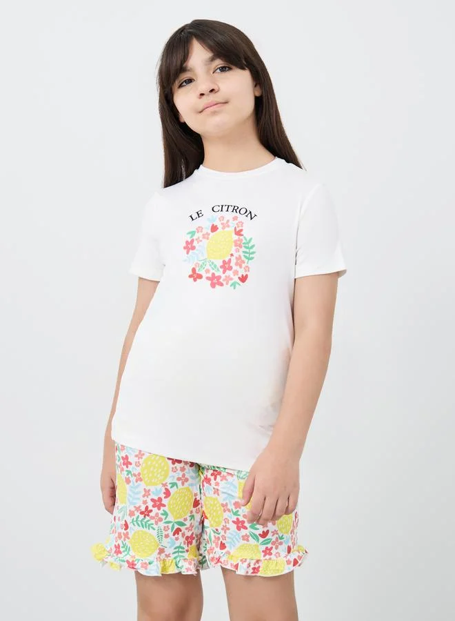 ستايلي Styli Graphic Print Short Sleeve T-Shirt and Shorts Pyjama Set