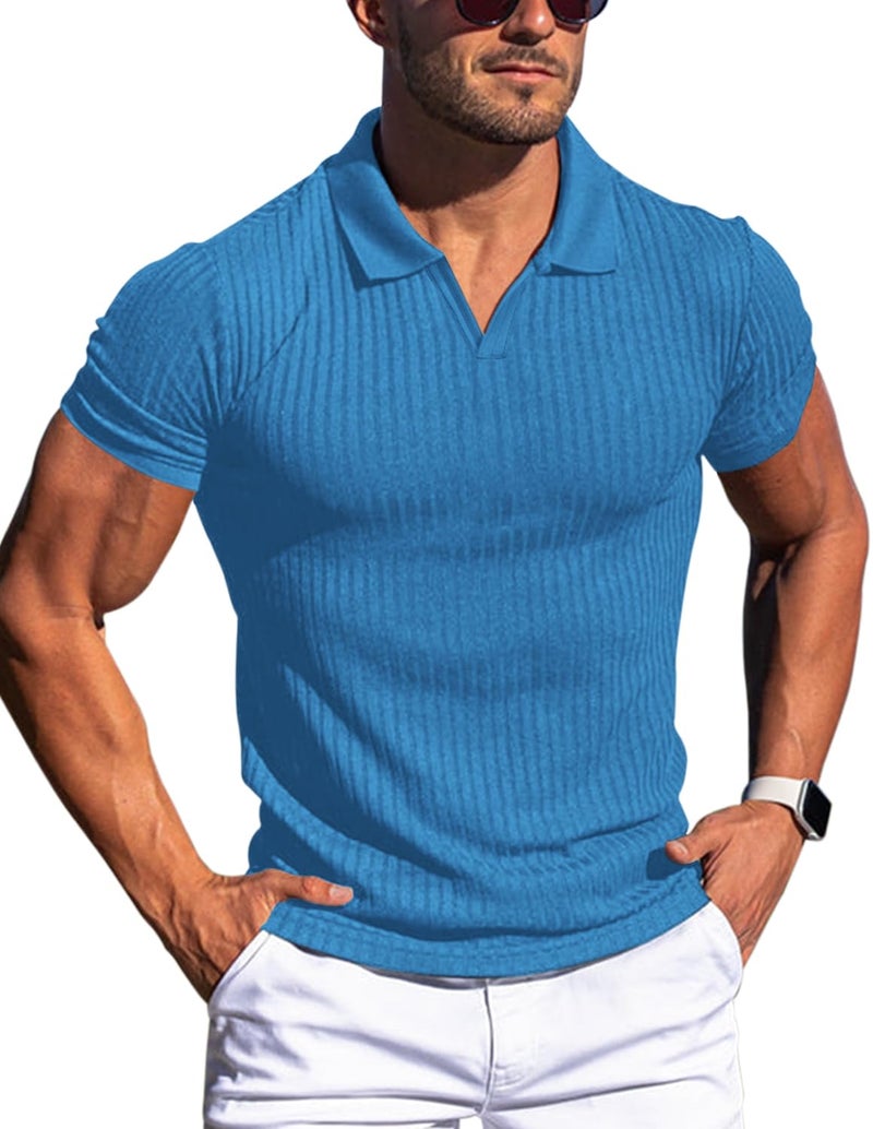 Gnvviwl Men's Muscle V Neck Polo Shirts Slim Fit Short Sleeve Cotton Golf T-Shirts Ribbed Knit Soft Tees Blue - Image 1