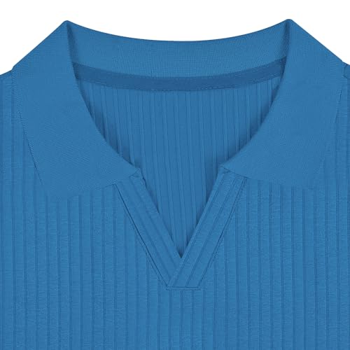 Gnvviwl Men's Muscle V Neck Polo Shirts Slim Fit Short Sleeve Cotton Golf T-Shirts Ribbed Knit Soft Tees Blue - Image 3