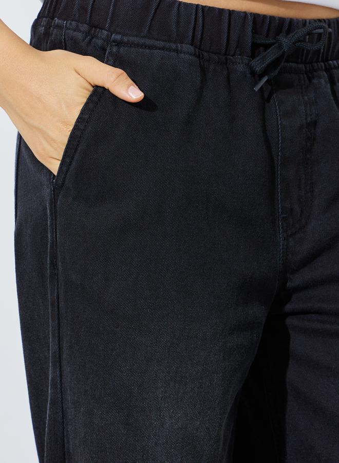 Styli Black Jogger Style Wide Leg Jeans with Drawcord - Image 3