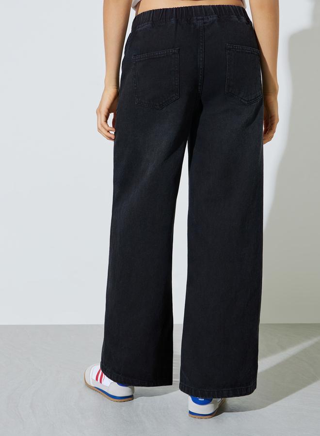 Styli Black Jogger Style Wide Leg Jeans with Drawcord - Image 4