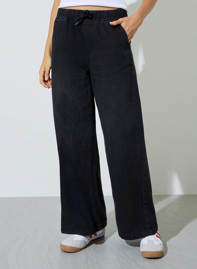 Styli Black Jogger Style Wide Leg Jeans with Drawcord - Image 2