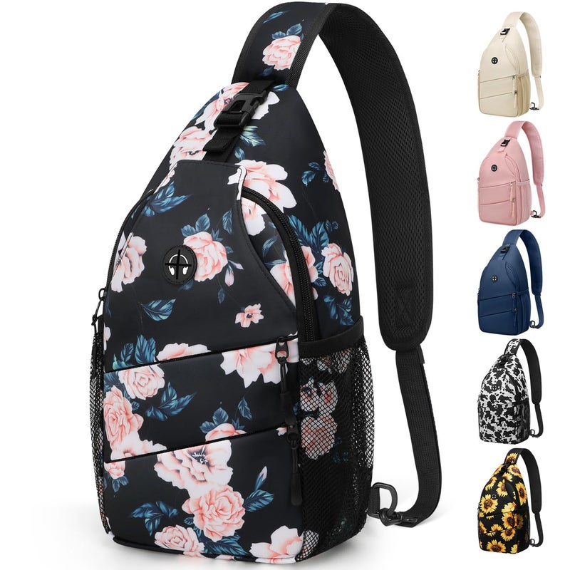 Pritent Crossbody Bags for Women Men Trendy Sling Bag Bakpack Casual Chest Bag with Convertible Shoulder Strap Travel Cross Body Bag for Hiking Traveling Outdoors (Floral Pattern - Image 1
