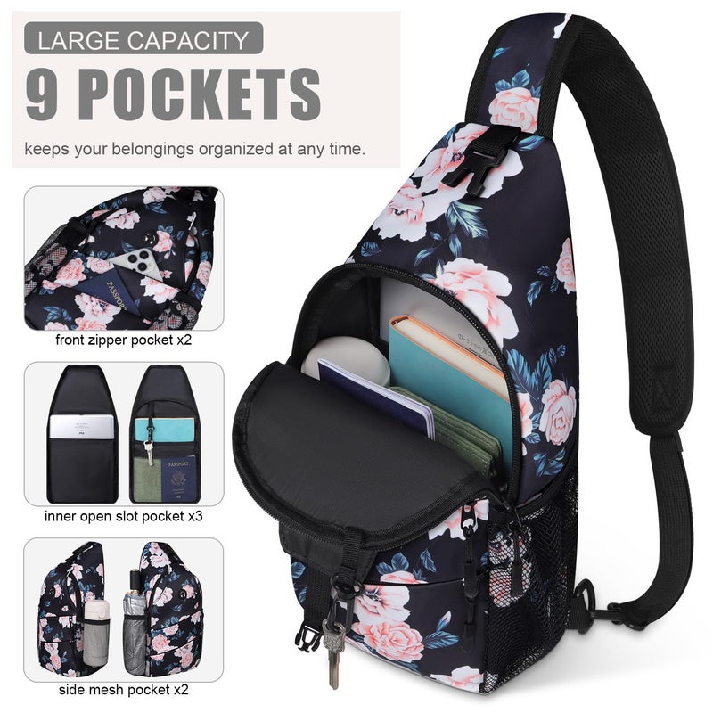 Pritent Crossbody Bags for Women Men Trendy Sling Bag Bakpack Casual Chest Bag with Convertible Shoulder Strap Travel Cross Body Bag for Hiking Traveling Outdoors (Floral Pattern - Image 2