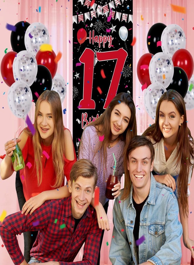 Pounira 17th Birthday Decorations for Boys Girls, Happy 17th Birthday Balloons Decorations Red Black Boy 17 Year Old Door Banner, Triangle Flag, Large 17 Balloons Decor for 17 Bday Party Supplies - Image 5