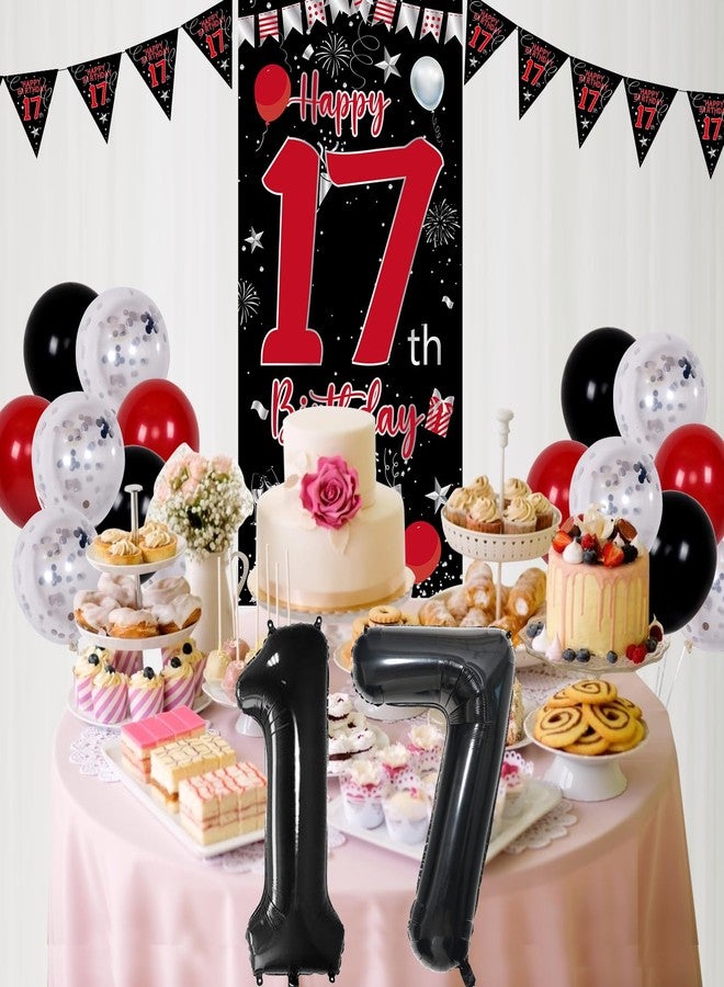 Pounira 17th Birthday Decorations for Boys Girls, Happy 17th Birthday Balloons Decorations Red Black Boy 17 Year Old Door Banner, Triangle Flag, Large 17 Balloons Decor for 17 Bday Party Supplies - Image 4