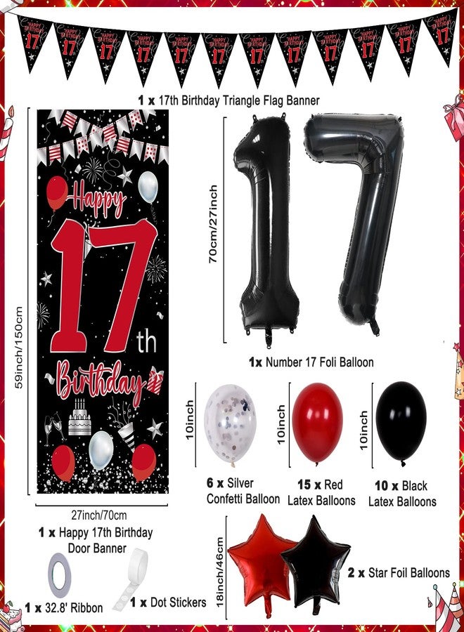 Pounira 17th Birthday Decorations for Boys Girls, Happy 17th Birthday Balloons Decorations Red Black Boy 17 Year Old Door Banner, Triangle Flag, Large 17 Balloons Decor for 17 Bday Party Supplies - Image 3