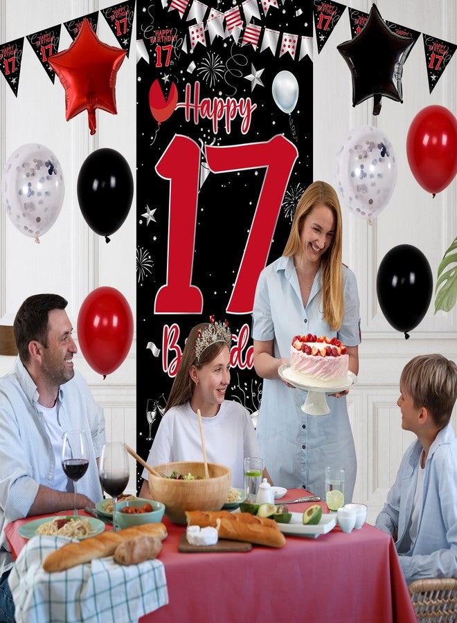 Pounira 17th Birthday Decorations for Boys Girls, Happy 17th Birthday Balloons Decorations Red Black Boy 17 Year Old Door Banner, Triangle Flag, Large 17 Balloons Decor for 17 Bday Party Supplies - Image 2