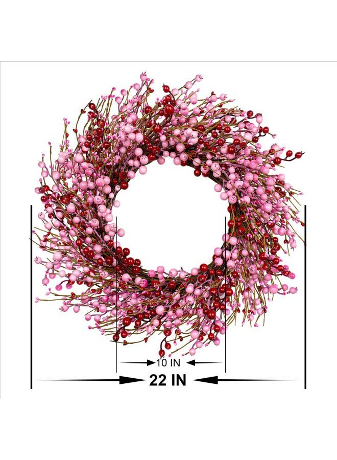 LLZLL Valentines Day Wreath 22 Inch Valentines Day Wreaths for Front Door Artificial Valentine's Day Door Wreath with Pink and Red Berries for Valentine's Day Anniversary Wedding Decor - Image 2