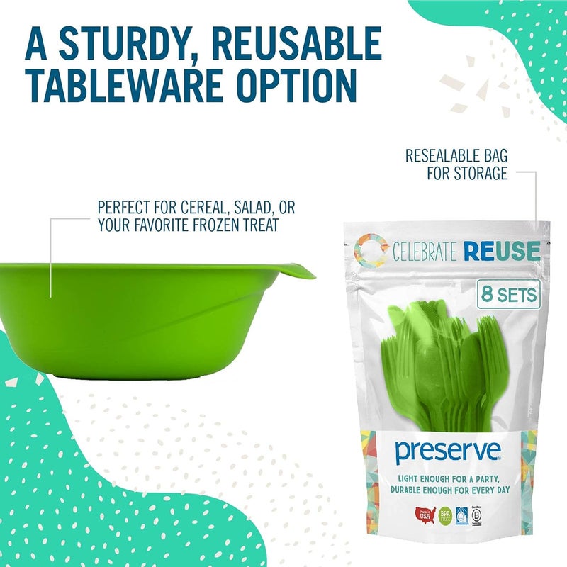 Preserve Reusable BPA Free Everyday Tableware Set with Cutlery Made from Recycled Plastic 4 Plates 4 Bowls 4 Cups and 24 pieces of Cutlery Apple Green - Image 2