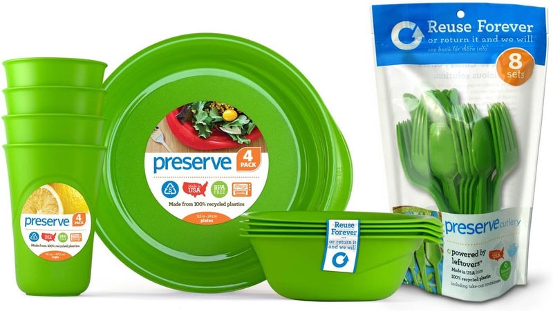 Preserve Reusable BPA Free Everyday Tableware Set with Cutlery Made from Recycled Plastic 4 Plates 4 Bowls 4 Cups and 24 pieces of Cutlery Apple Green - Image 1