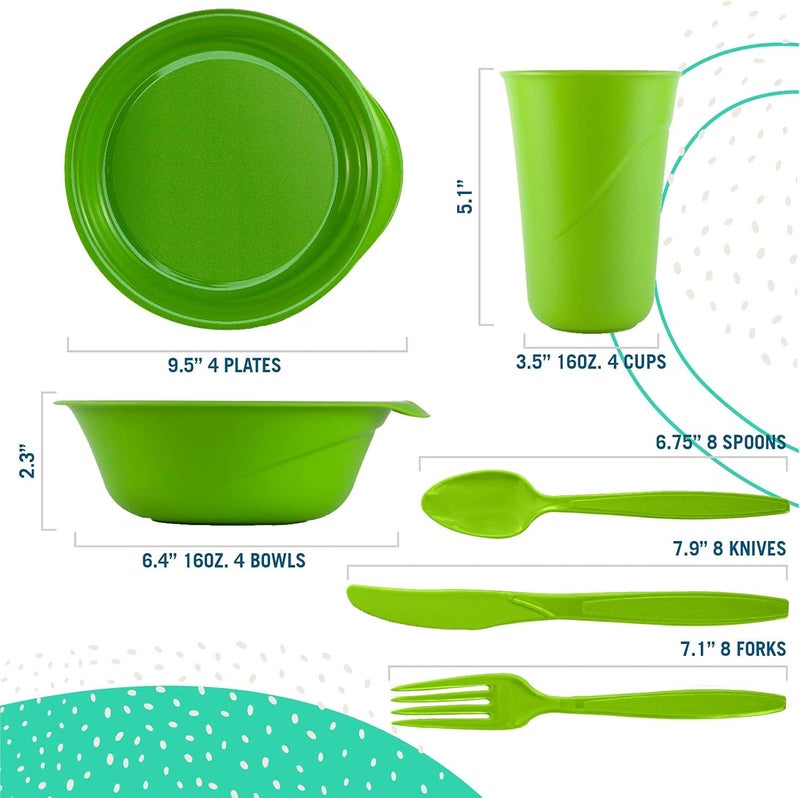 Preserve Reusable BPA Free Everyday Tableware Set with Cutlery Made from Recycled Plastic 4 Plates 4 Bowls 4 Cups and 24 pieces of Cutlery Apple Green - Image 4