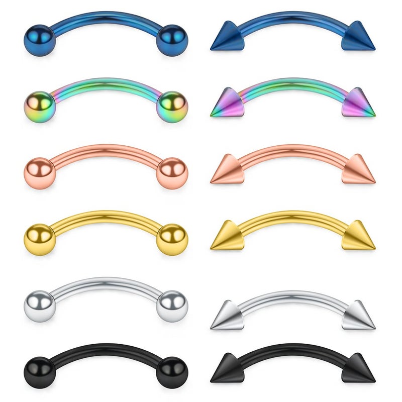 SCERRING 12PCS Stainless Steel Curved Barbell Eyebrow Tragus Helix Ear Belly Lip Ring Body Piercing Jewelry with Balls & Spikes 16G 10mm