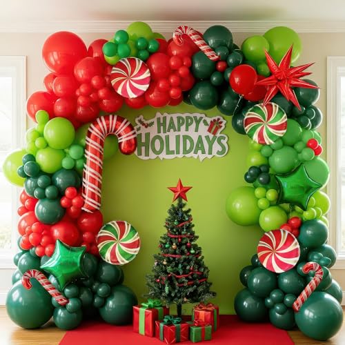kozee Christmas Party Decorations with Red Green Balloon garland arch Kit small Candy cane Star Lollipop foil balloons for Kids Naughty Cartoon Birthday friendsmas Xmas Party Decorations Red Green - Image 1