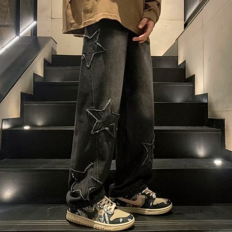 Retro High-Street Star Patch Jeans Men Black  - Image 1