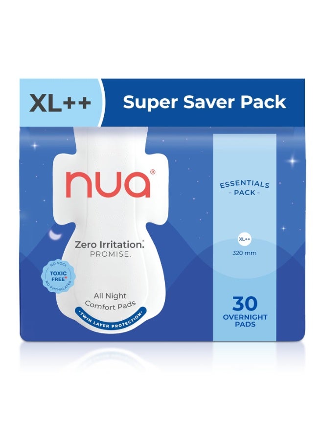 Nua All Night Comfort Sanitary Pads | Pack of 30 (XL++ 320mm) | Twin Layer Protection | 50% Wider Back and Anti Stain Wings | Upto 10 hours of Absorption | Super Soft and Breathable | No Rashes | 100% Toxic-Free - Image 1