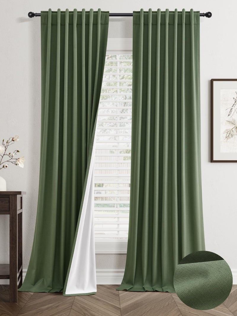 Jowels Olive Green Linen Blackout Curtains 96 Inch Length 2 Panels Set for Living Room Bedroom Thermal Noise Reduction 100% Black Out Linen Drapes Room Darkening Window Curtains 96 Inches Long Back Tab - Image 1
