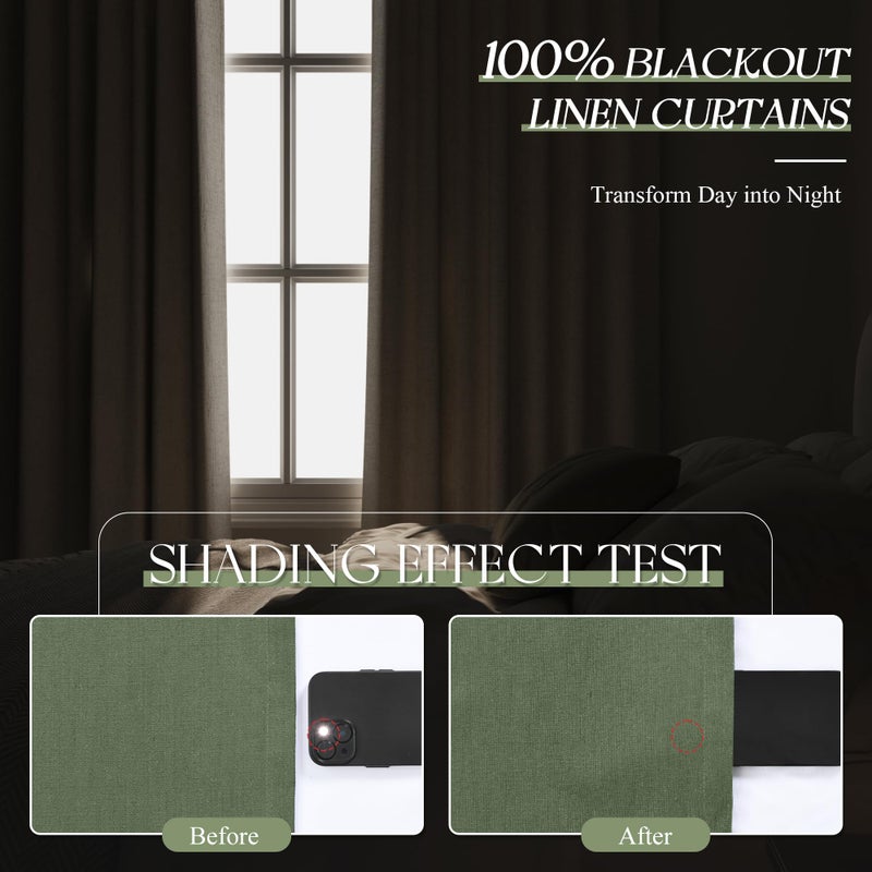 Jowels Olive Green Linen Blackout Curtains 96 Inch Length 2 Panels Set for Living Room Bedroom Thermal Noise Reduction 100% Black Out Linen Drapes Room Darkening Window Curtains 96 Inches Long Back Tab - Image 4