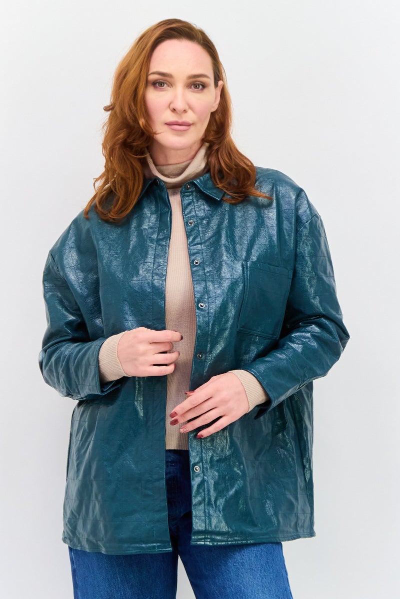 4th & Reckless قميص نسائي بأزرار واسعة وأكمام طويلة بتصميم منقوش، تركواز داكن - Image 1