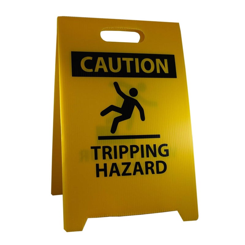 NMC FS36 CAUTION TRIPPING HAZARD Sign with Graphic - 12 in. x 19 in. Corrugated Plastic, Double-Sided Floor Sign with Black on Yellow - Image 1