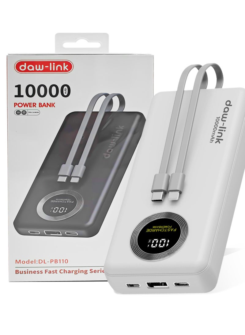 دولنك باور بانك داو-لينك 10000 مللي أمبير – شحن سريع 22.5 واط، كابلات USB-C وLightning مدمجة، منفذ A ومنفذ USB-C للإدخال والإخراج، شاشة عرض رقمية، يدعم PD وQC 3.0، لون أبيض، شاحن محمول نحيف لأجهزة الآيفون والأندرويد - Image 1