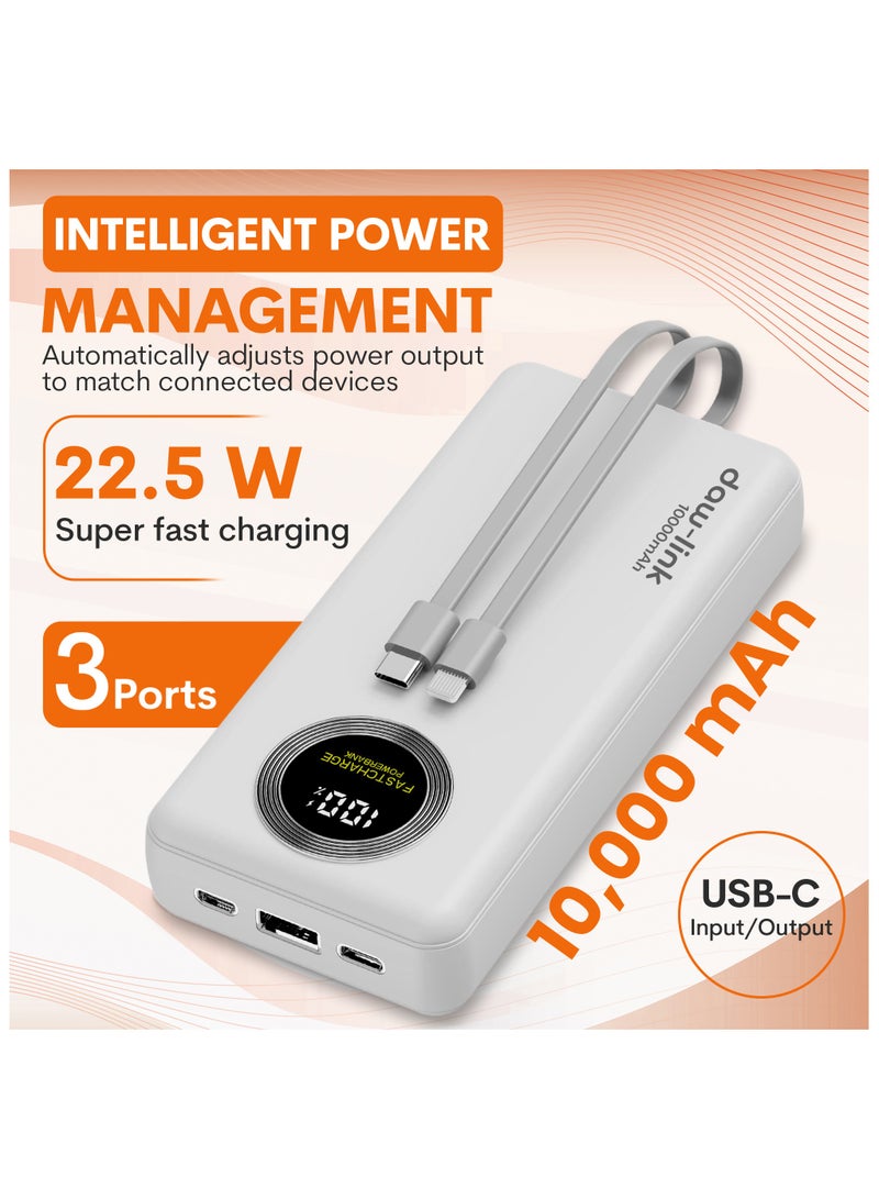 دولنك باور بانك داو-لينك 10000 مللي أمبير – شحن سريع 22.5 واط، كابلات USB-C وLightning مدمجة، منفذ A ومنفذ USB-C للإدخال والإخراج، شاشة عرض رقمية، يدعم PD وQC 3.0، لون أبيض، شاحن محمول نحيف لأجهزة الآيفون والأندرويد - Image 3