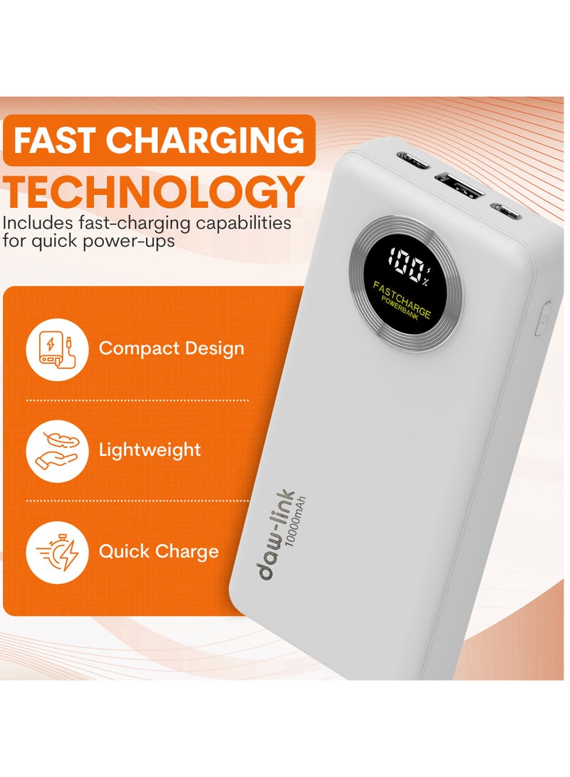دولنك باور بانك داو-لينك 10000 مللي أمبير – شحن سريع 22.5 واط، كابلات USB-C وLightning مدمجة، منفذ A ومنفذ USB-C للإدخال والإخراج، شاشة عرض رقمية، يدعم PD وQC 3.0، لون أبيض، شاحن محمول نحيف لأجهزة الآيفون والأندرويد - Image 2