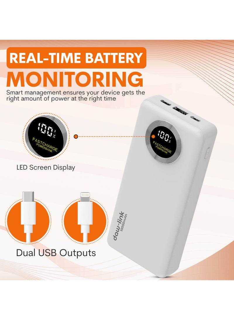 دولنك باور بانك داو-لينك 10000 مللي أمبير – شحن سريع 22.5 واط، كابلات USB-C وLightning مدمجة، منفذ A ومنفذ USB-C للإدخال والإخراج، شاشة عرض رقمية، يدعم PD وQC 3.0، لون أبيض، شاحن محمول نحيف لأجهزة الآيفون والأندرويد - Image 5