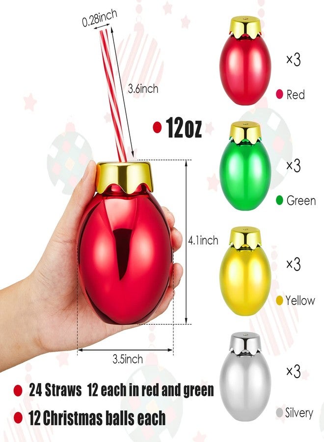 Suclain 12 Pcs Christmas Plastic Balls Cups with Lids and Straws 12oz Glittering Christmas Ornament Cups Red Green Ball Shaped Drinking Balls for Xmas Party Decoration (Gold,Green,Red,Silver) - Image 2