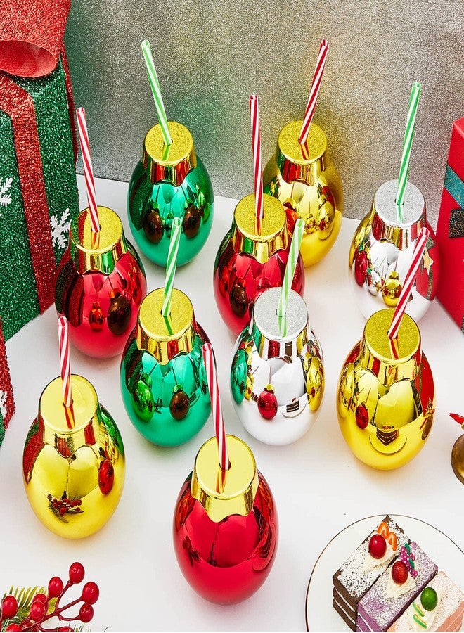 Suclain 12 Pcs Christmas Plastic Balls Cups with Lids and Straws 12oz Glittering Christmas Ornament Cups Red Green Ball Shaped Drinking Balls for Xmas Party Decoration (Gold,Green,Red,Silver) - Image 4