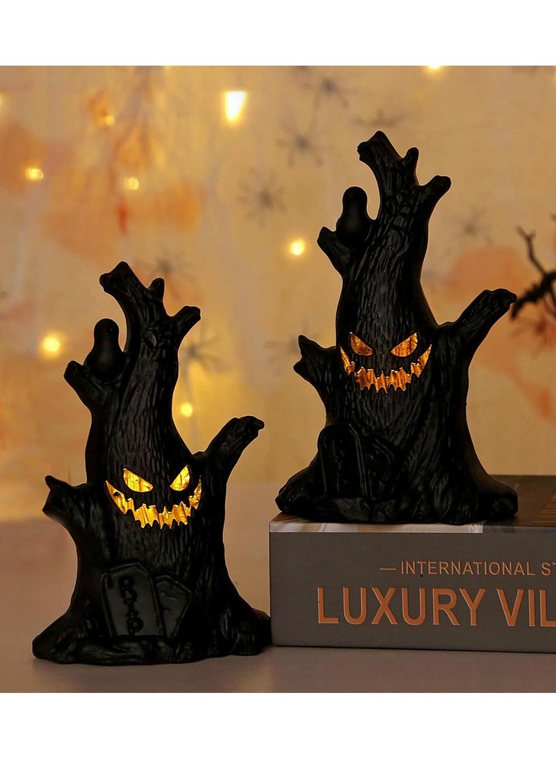تابيت مصباح LED على شكل وجه شجرة، مصابيح فانوس على شكل جذع شجرة، ابتسامة شبح، تماثيل صغيرة على شكل جذع شجرة لتزيين الطاولة الهالوين - Image 3