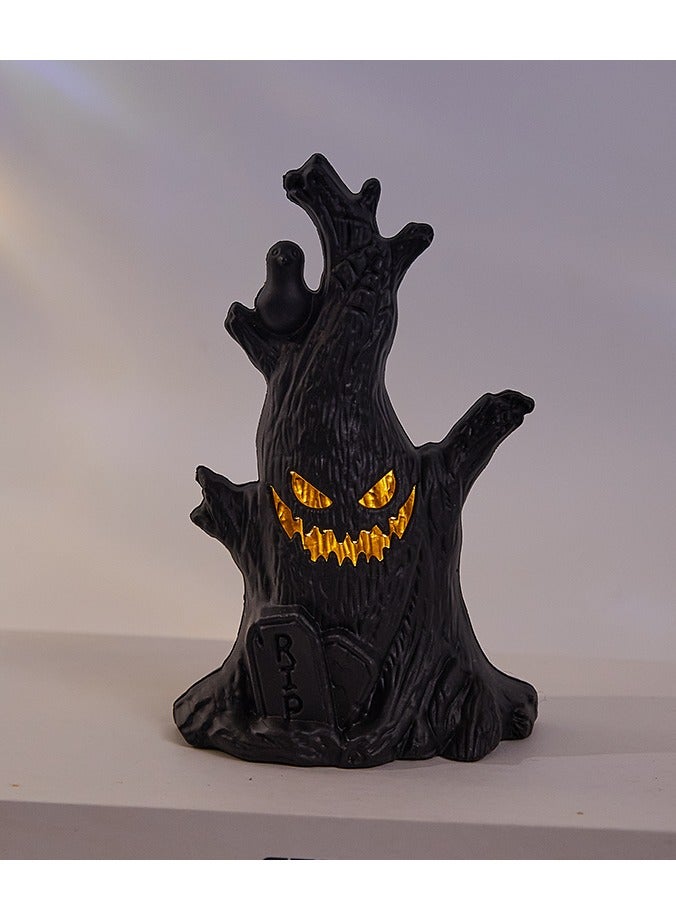 تابيت مصباح LED على شكل وجه شجرة، مصابيح فانوس على شكل جذع شجرة، ابتسامة شبح، تماثيل صغيرة على شكل جذع شجرة لتزيين الطاولة الهالوين - Image 5