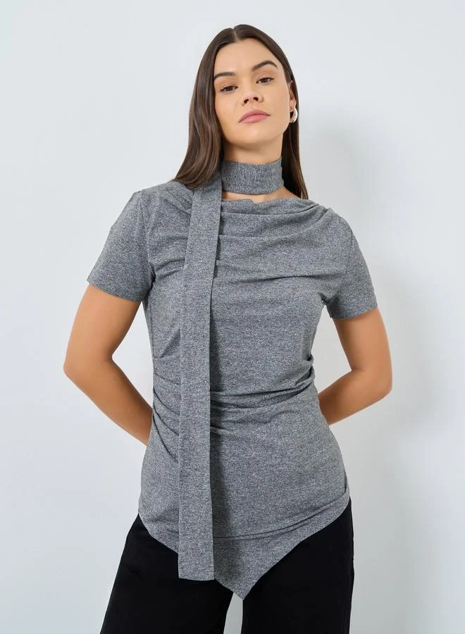 Styli Styli Grey Knit Top With Tie Neck Detail