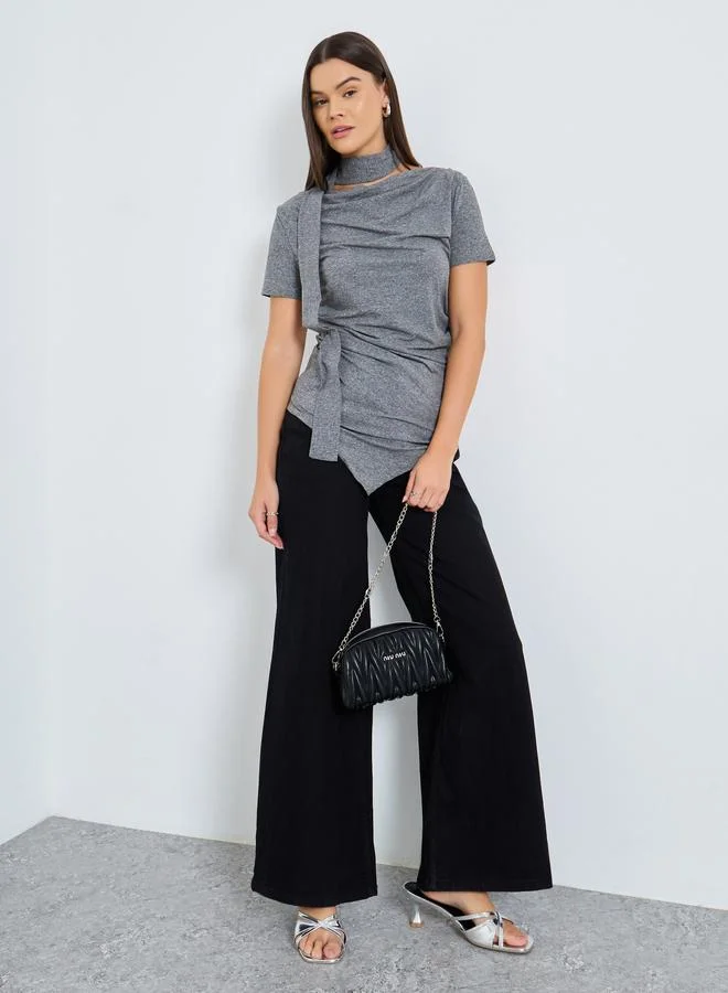 Styli Styli Grey Knit Top With Tie Neck Detail