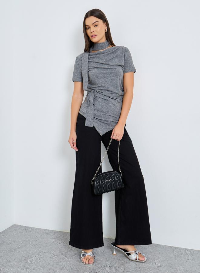 Styli Grey Knit Top With Tie Neck Detail - Image 2