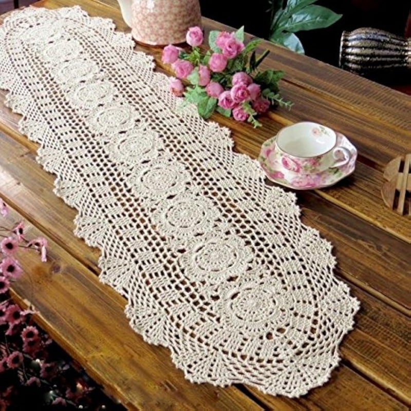 Laivigo Handmade Crochet Lace Oval Lucky Flower Tablecloth Table Runner Doilies Doily12 x 51 InchBeige