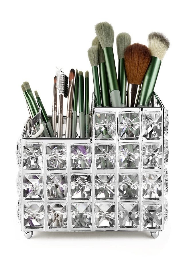 LUEXBOX Crystal Makeup Brush Holder, One-Piece Square Brush Organizer, Cosmetics Brush Storage Container for Table, Dresser, Bathroom, Bedroom Organization (Silver) - Image 1