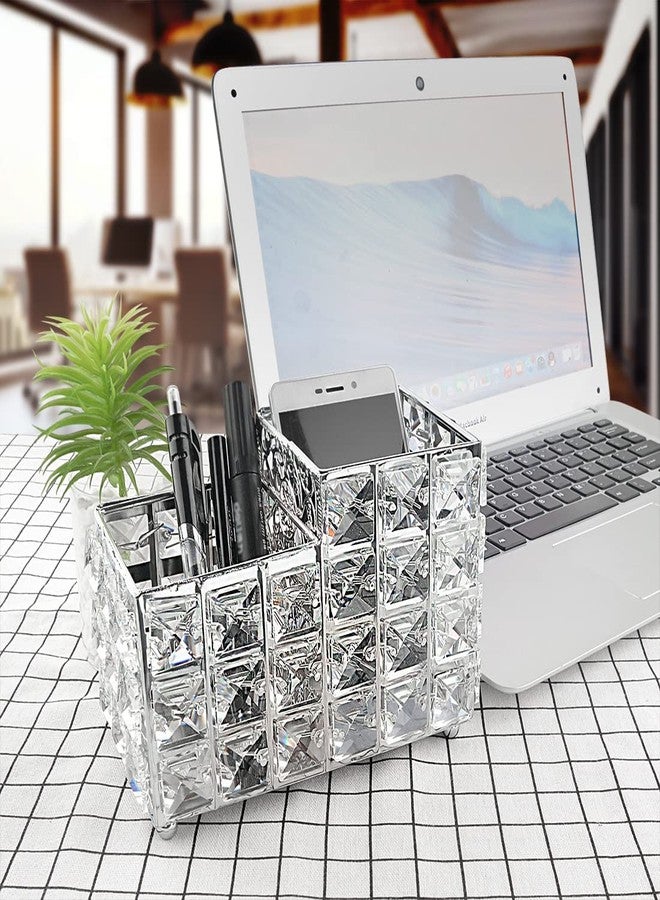 LUEXBOX Crystal Makeup Brush Holder, One-Piece Square Brush Organizer, Cosmetics Brush Storage Container for Table, Dresser, Bathroom, Bedroom Organization (Silver) - Image 4