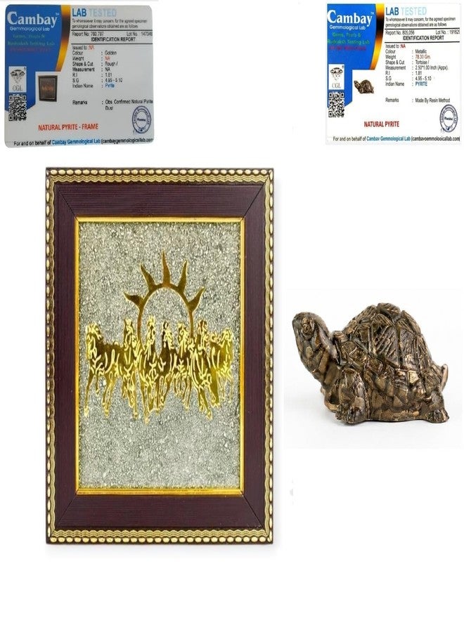 GEMTUB 7 Horses on Raw Pyrite Frame & Pyrite Tortoise (Kachhua) Combo | Vastu Feng Shui Wealth, Money, Good Luck Decor for Home Office Gift - Image 1
