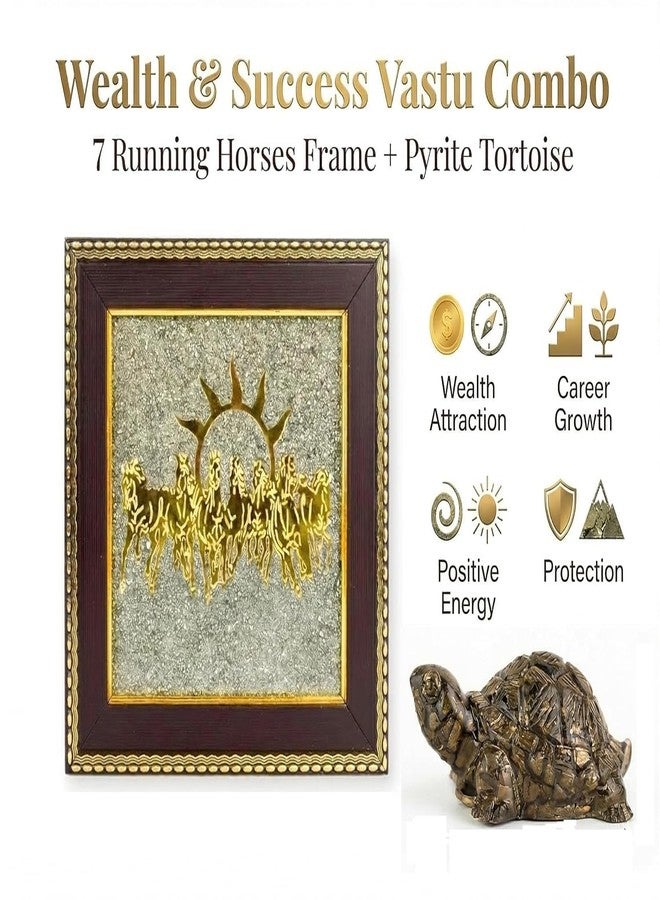 GEMTUB 7 Horses on Raw Pyrite Frame & Pyrite Tortoise (Kachhua) Combo | Vastu Feng Shui Wealth, Money, Good Luck Decor for Home Office Gift - Image 3
