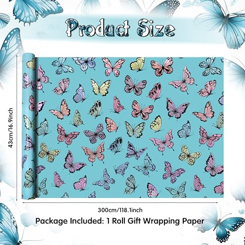 Geluode Colorful Butterfly Wrapping Paper Roll Luxury Metallic Blue Birthday Gift Wrap Papers for Birthday Baby Shower Kids Women Girls Mini Rolls 17x120 Inch - Image 5