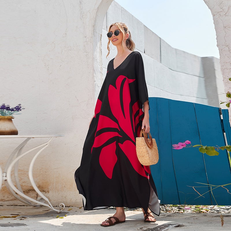2 Color Cross-border New Printed Batwing Sleeve Robe Loose plus size Holiday Beach Dress Bikini Mallo 3907(3907-1, Free size) - Image 4