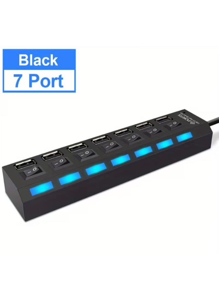بورتز موزع USB بـ7 منافذ مع مفاتيح تشغيل/إيقاف فردية لأجهزة اللابتوب والكمبيوتر المكتبي، أسود - Image 2