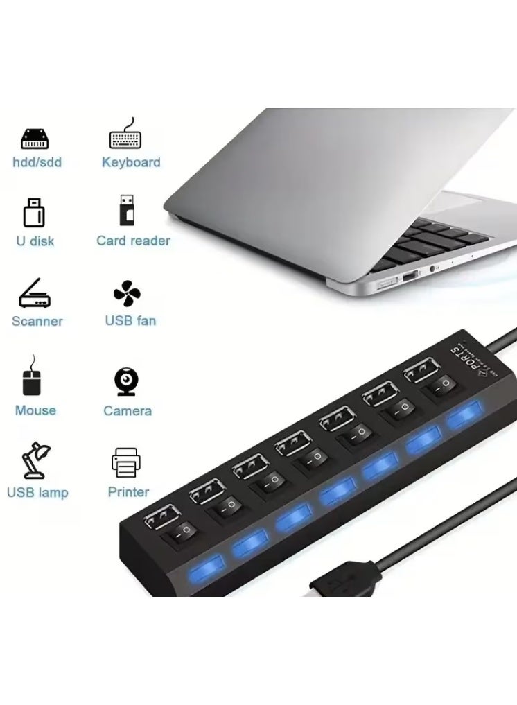 بورتز موزع USB بـ7 منافذ مع مفاتيح تشغيل/إيقاف فردية لأجهزة اللابتوب والكمبيوتر المكتبي، أسود - Image 3