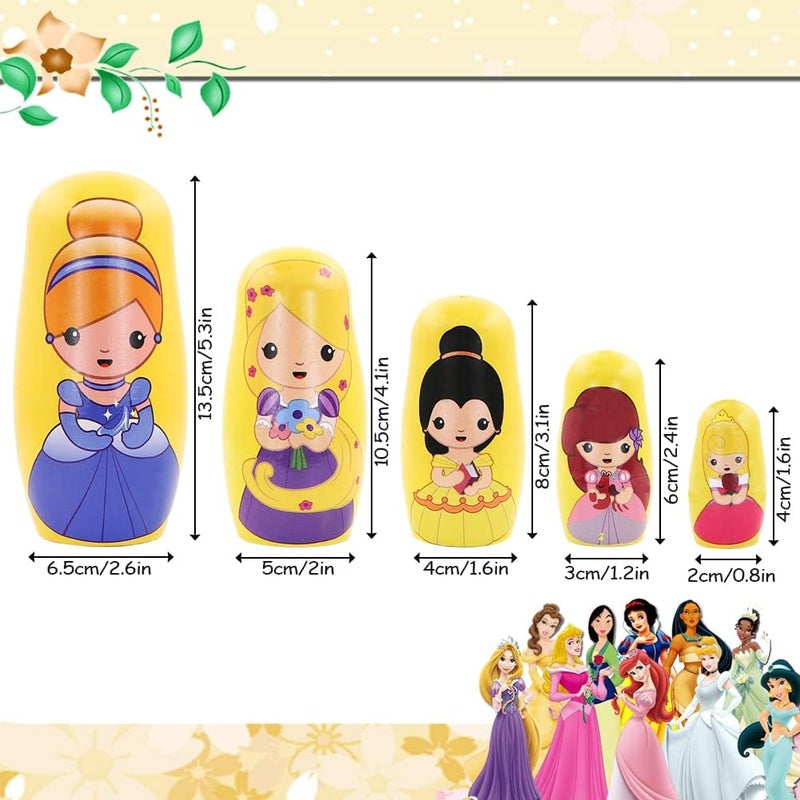 Winterworm Cute Princess Nesting Dolls for Girls5 Pcs Girl with Dress Handmade Wooden Russian Nesting Doll Yellow Matryoshka Dolls for Kids Toy Birthday Christmas New Year Girl Women Gift Home Decoration  - Image 2