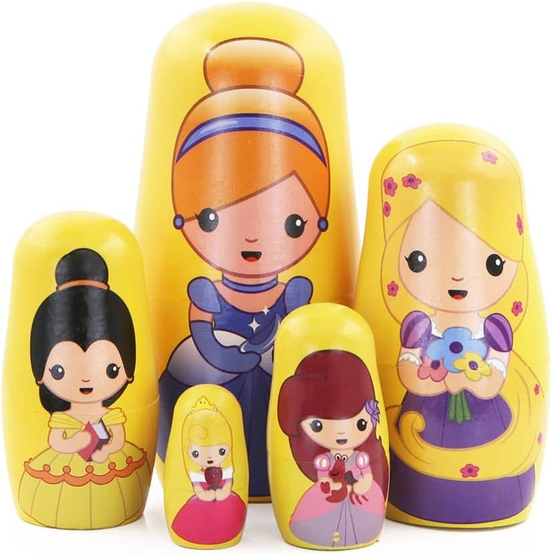 Winterworm Cute Princess Nesting Dolls for Girls5 Pcs Girl with Dress Handmade Wooden Russian Nesting Doll Yellow Matryoshka Dolls for Kids Toy Birthday Christmas New Year Girl Women Gift Home Decoration  - Image 1
