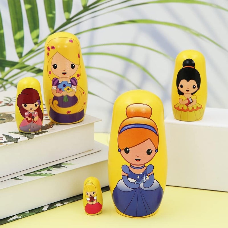 Winterworm Cute Princess Nesting Dolls for Girls5 Pcs Girl with Dress Handmade Wooden Russian Nesting Doll Yellow Matryoshka Dolls for Kids Toy Birthday Christmas New Year Girl Women Gift Home Decoration  - Image 4