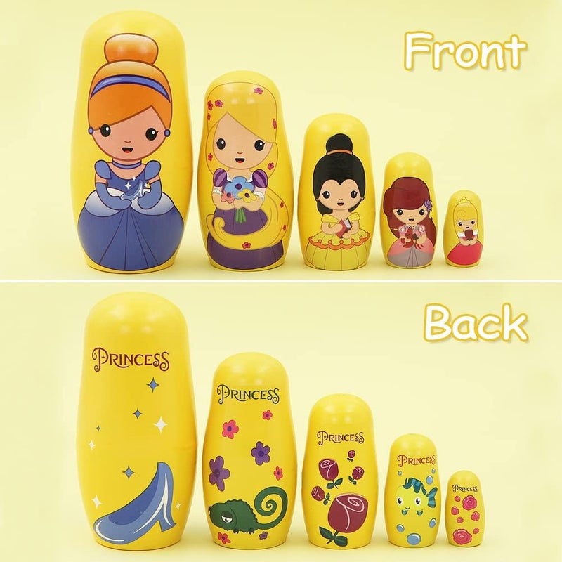 Winterworm Cute Princess Nesting Dolls for Girls5 Pcs Girl with Dress Handmade Wooden Russian Nesting Doll Yellow Matryoshka Dolls for Kids Toy Birthday Christmas New Year Girl Women Gift Home Decoration  - Image 3